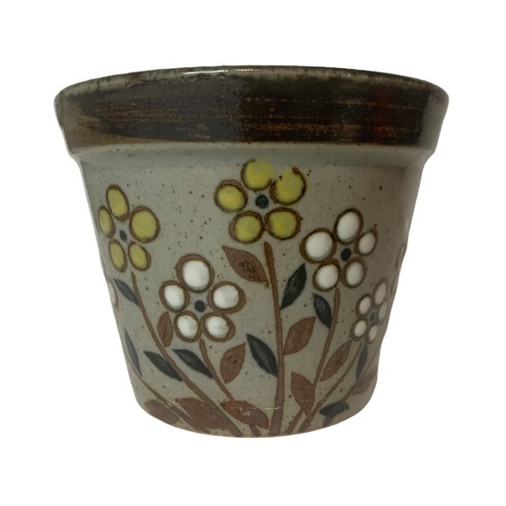 Vintage Flower Pot Glazed Clay Daisy Floral Pot
